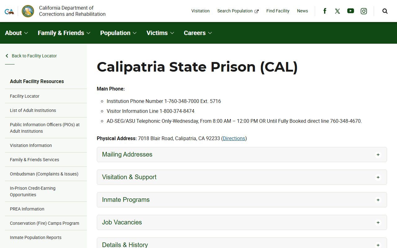 Calipatria State Prison CDCR inmate search facility profile