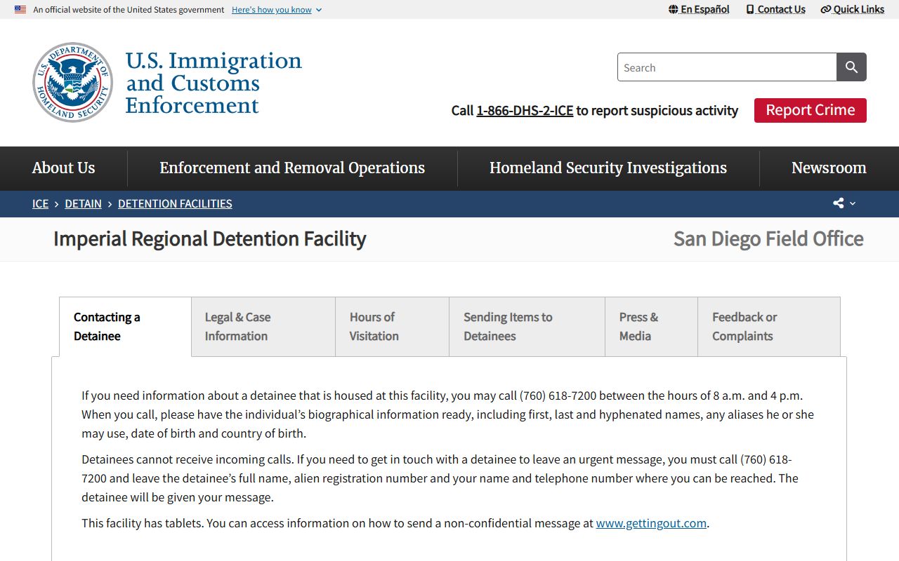 Imperial Regional Detention Facility ICE detainee lookup profile